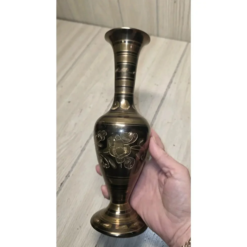 Antique Vtg Brass Hand Etched Engraved Vase Floral India Hollywood Regency 10
